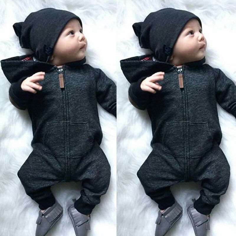 Little Gigglers World Pure Black Long-sleeved Hooded Romper